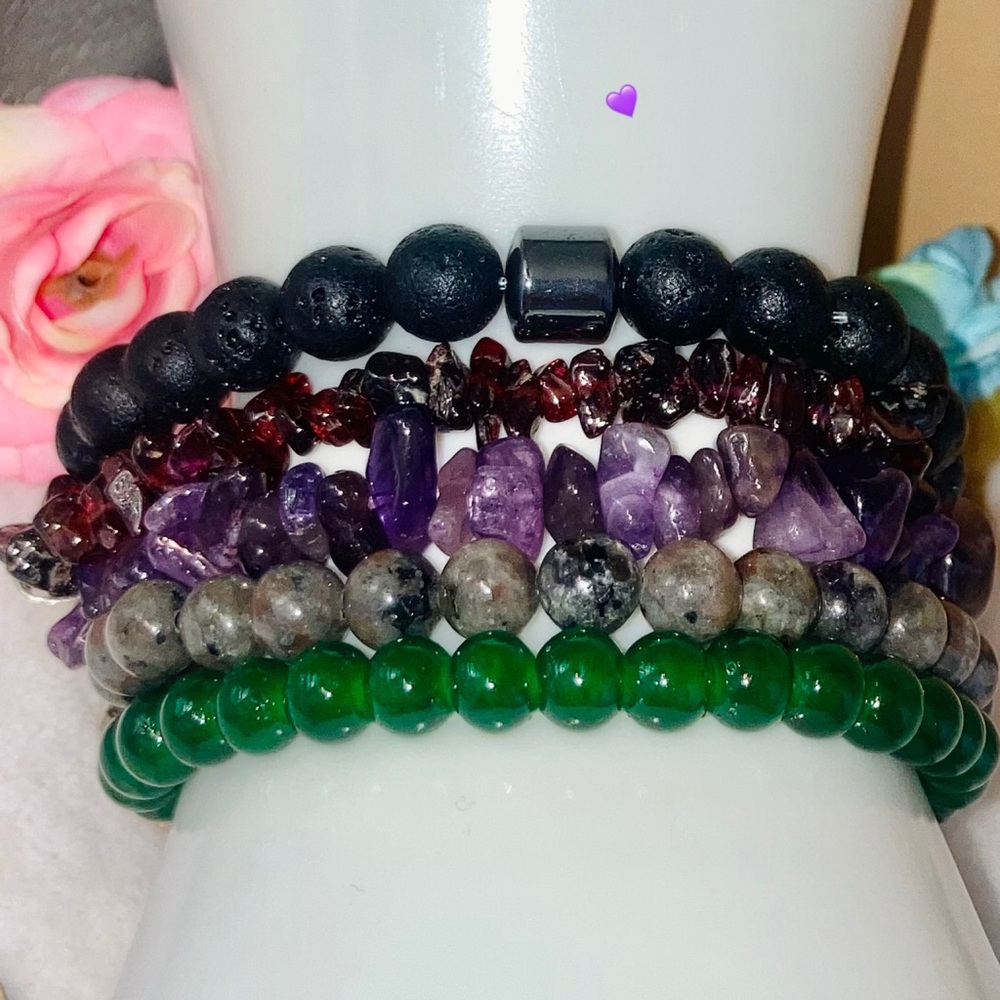 5x Natural Gemstone Beaded Handmade Bracelet Set Yooperlite Pink Tourmaline - Picture 5 of 7